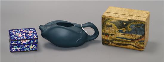 A Canton enamel box and a Yixing teapot with no cover and another box